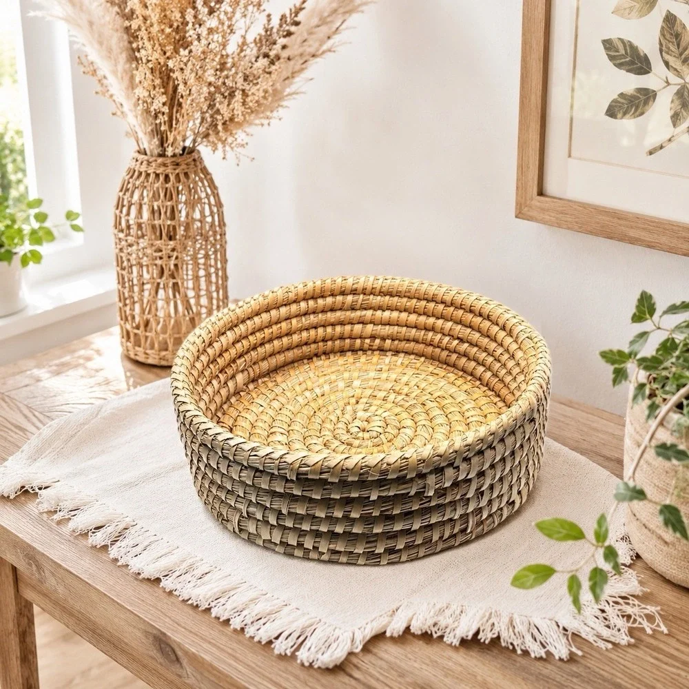Vintage Handwoven Coiled Sweetgrass Style Basket 11